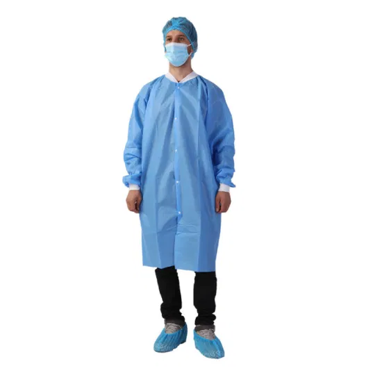 Unisex PP SMS Non Woven White Blue Uniform Workwear Doctor Hospital Dentist Medical Disposable Lab Coat with Snap/Zipper for Food Industry